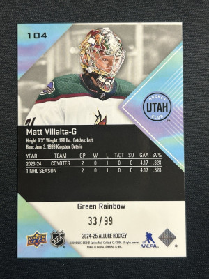 Matt Villalta /99 made Rookie Green Rainbow Allure 2024-24 Hockey Card 104 back