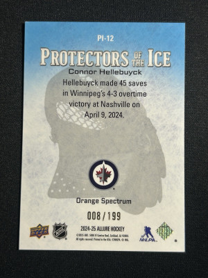 Connor Hellebuyck /199 Protectors Ice Orange Spectrum Allure 2024-25 Hockey Card back