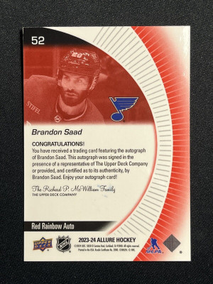 Brandon Saad Autograph Red Rainbow Auto Allure 2023-24 Hockey Card 52 back