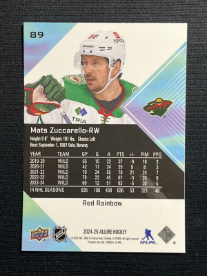 Mats Zuccarello Red Rainbow Allure 2024-25 Hockey Card 89 back