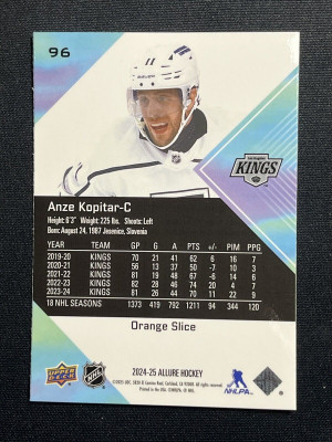 Anze Kopitar Orange Slice Allure 2024-25 Hockey Card 96 back