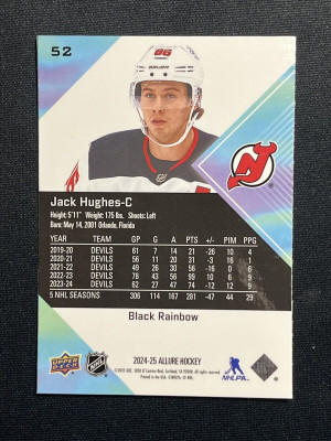 Jack Hughes Black Rainbow Allure 2024-25 Hockey Card 52 back