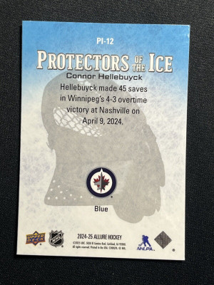 Connor Hellebuyck Blue Protectors Of The Ice Allure 2024-25 Hockey Card PI-12 back