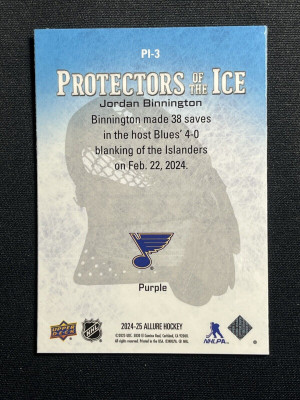 Jordan Binnington Purple Protectors Of The Ice Allure 2024-25 Hockey Card PI-3 back