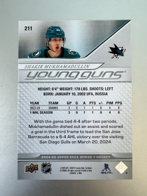 2024-25 Upper Deck Series 1 Shakir Mukhamadullin #211 Young Guns back