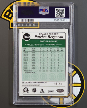 2015-16 O Pee Chee OPC Platinum Retro Orange /49 Patrice Bergeron PSA 10 Pop 1 back
