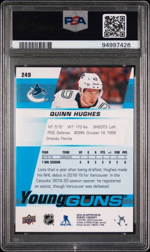 2019 Upper Deck Quinn Hughes ROOKIE YOUNG GUNS PSA GEM MINT 10 back