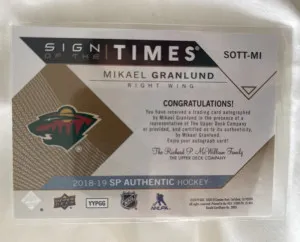 2018 SP Authentic Sign Of The Times Inscriptions Mikael Granlund #SOTT-MI Auto back
