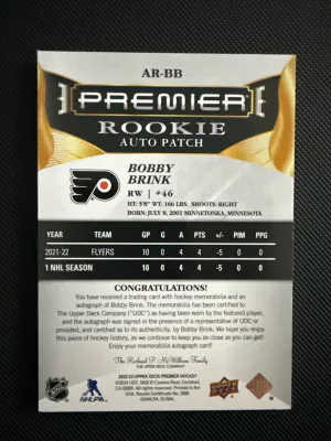 22-23 Premier RPA GOLD Bobby Brink /65 back
