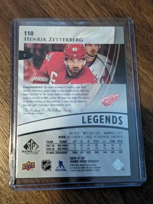 Henrik Zetterberg sp game used jersey Hall of Fame 2020-21 legends back