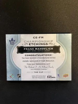 2021-22 UD The Cup Championship Etchings Frank Mahovlich /15 Toronto Maple Leafs back
