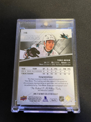2016-17 Upper Deck Ultimate Collection Rookies Timo Meier Auto #/299 RC Sharks back