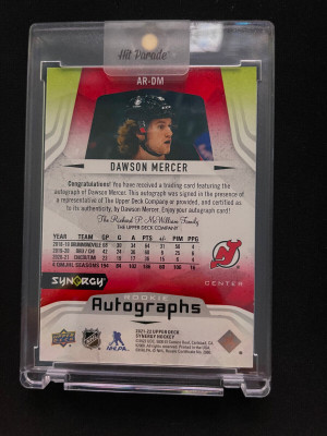 2021-22 UPPER DECK SYNERGY DAWSON MERCER RC RED ROOKIE AUTO AUTOGRAPH /50 DEVILS back