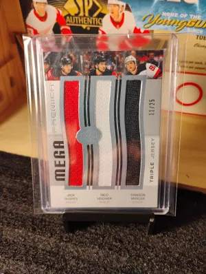 2023-24 Upper Deck Premier Mega Jerseys Trios Hughes / Hischier / Mercer /25 front