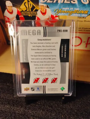 2023-24 Upper Deck Premier Mega Jerseys Trios Hughes / Hischier / Mercer /25 back
