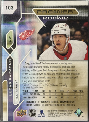 Lucas Raymond Premier Rookie Patch /25 back