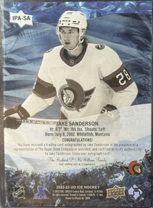 Jake Sanderson Ice Premieres Rookie Auto /199 back