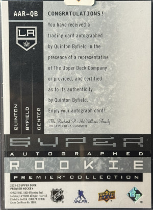 Quinton Byfield Super Rookie Autograph /35 back