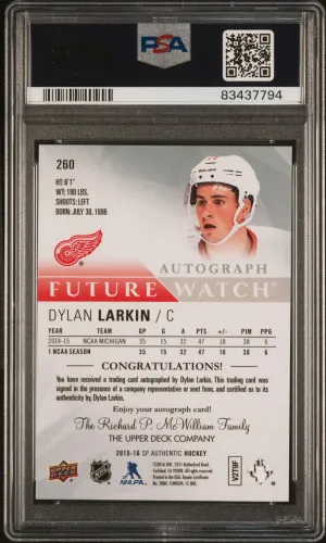 2015-16 SP Authentic Dylan Larkin Autograph Future Watch #260 PSA 10 (108/999) back