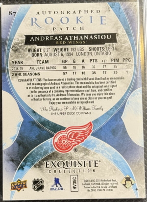 Andreas Atthanasiou Exquisite True Rookie Patch Autograph /72 back