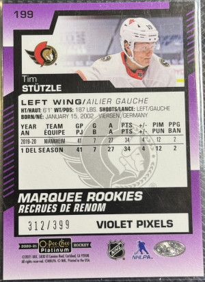 Tim Stutzle O-Pee-Chee Platinum Violet Pixels Rookie /399 back