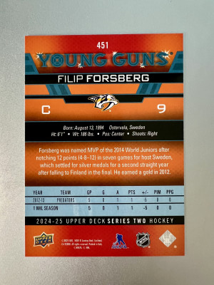 2024-25 Upper Deck Series 2 Filip Forsberg Young Guns back