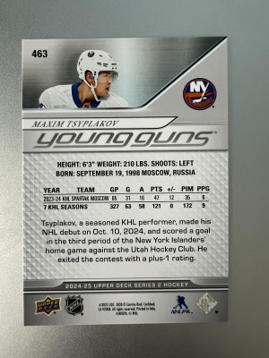 2024-25 Upper Deck Series 2 Maxim Tsyplakov #463 Young Guns back