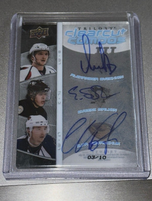 2008-09 UD Trilogy Ovechkin Malkin Kovalchuk Clear Cut Combos Hard Sign Auto /10 front