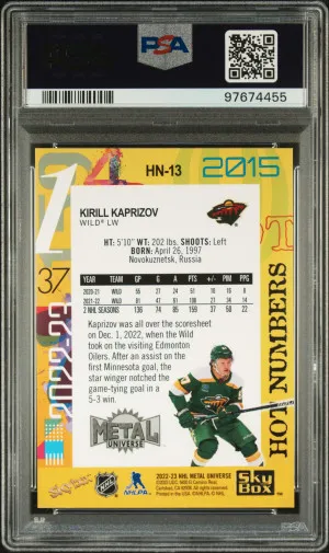 2022 Skybox Metal Universe Hot Numbers Kirill Kaprizov back