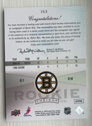 Byron Bitz 2009-10 Upper Deck The Cup Patch Auto 32/61 back