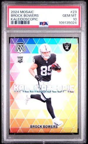 Brock Bowers 2024 Mosaic Rookie Kaleidoscopic Prizm SSP Case Hit #23 PSA 10 front