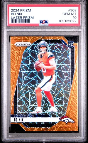Bo Nix 2024 Panini Prizm Orange Lazer Prizm #309 Rookie RC PSA 10 front