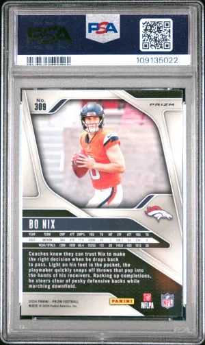 Bo Nix 2024 Panini Prizm Orange Lazer Prizm #309 Rookie RC PSA 10 back