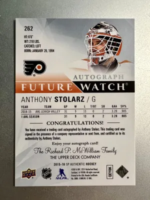 2015-16 SP Authentic Anthony Stolarz Rookie Future Watch Auto /999 back