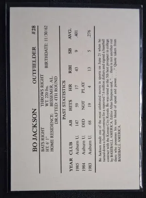 1986 Memphis Chicks Bo Jackson #28 Silver Minor League Rookie back