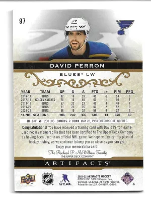 2021-22 Artifacts Materials Gold #97 David Perron - St. Louis Blues (#139/249) (Game Used Jersey) back