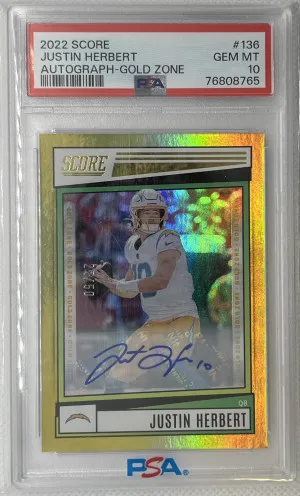 2022 Score Justin Herbert gold /50 auto PSA 10 front