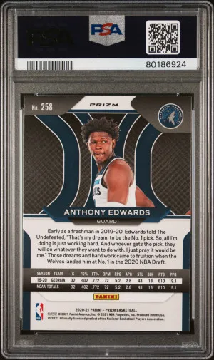 2020 Panini Prizm Anthony Edwards #258 Silver RC PSA 10 Gem Mint back