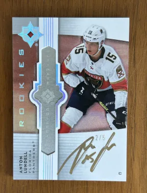 2021-22 Ultimate Collection Anton Lundell #UE-LU Ultimate Emblems Platinum Rookies (2/5) front
