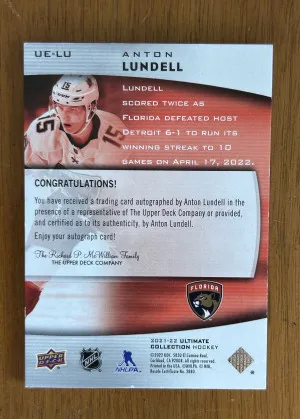 2021-22 Ultimate Collection Anton Lundell #UE-LU Ultimate Emblems Platinum Rookies (2/5) back
