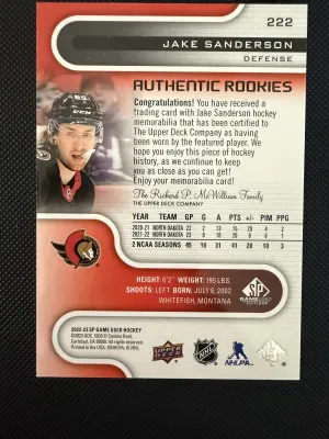 2022-23 SP Game Used Authentic Rookie Jake Sanderson RC Jersey Relic back