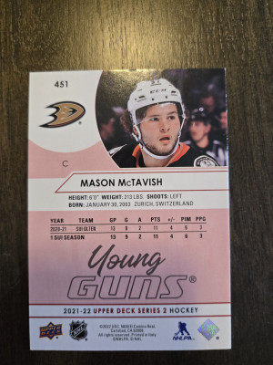 2021-22 Upper Deck Young Guns Exclusives Mason McTavish /100 #451 Anaheim back