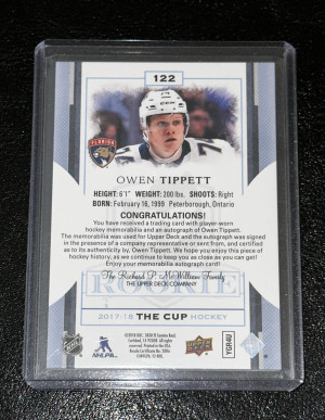 2017-18 UD The Cup Rookie Owen Tippett Auto Patch RC /249 back