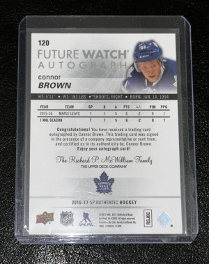 2016-17 SP Authentic Rookie Connor Brown Future Watch Auto RC /999 Edmonton Oilers back