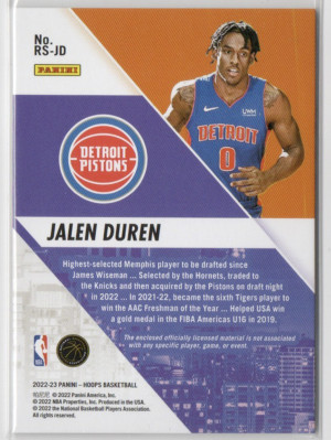 2022-23 Panini NBA Hoops Jalen Duren #RS-JD RC Memorabilia back