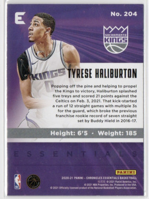 2020-21 Panini Chronicles Essentials Tyrese Haliburton #204 RC back