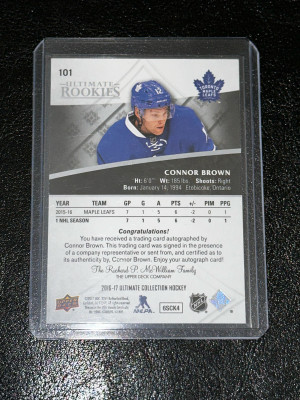 2016-17 UD Ultimate Collection Rookie Connor Brown SP Auto RC /299 Edmonton Oilers back
