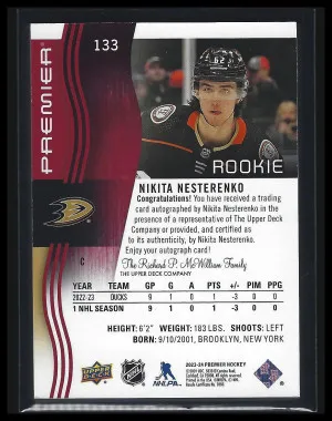 2023-24 Upper Deck Premier Rookie Auto Red Nikita Nesterenko back