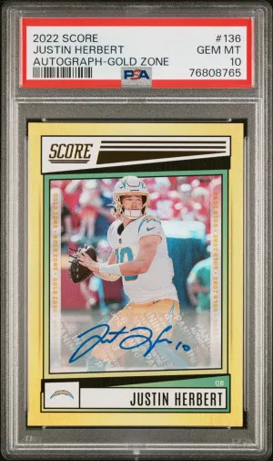 2022 Panini Score Justin Herbert Autograph-Gold Zone front