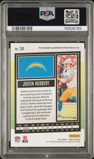 2022 Panini Score Justin Herbert Autograph-Gold Zone back